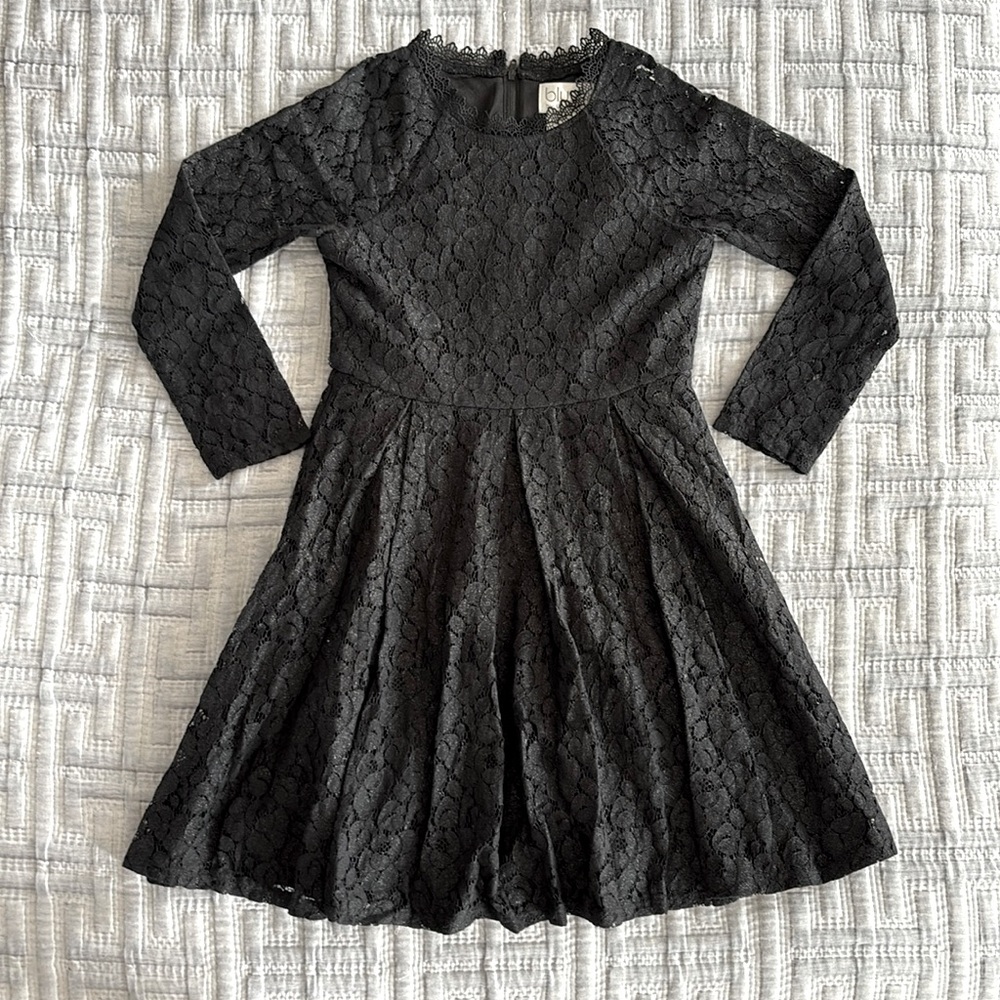 Girls Long-sleeve Lace A-Line Dress, Black, Size 7